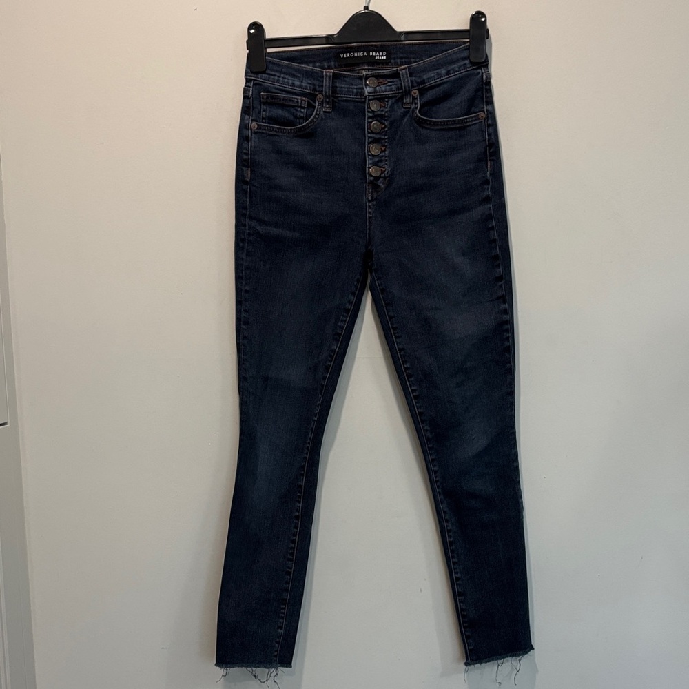 Veronica Beard Debbie High-Rise Skinny Jeans Button Fly Dark Wash Raw Hem 27 - Picture 2 of 15